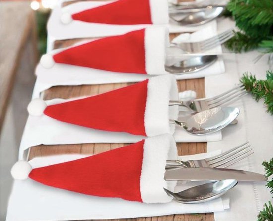 Luxe kerst Bestekhouder | 13 cm | Rood | Wit | kerstmuts| Kerst tafel  decoratie |... | bol.com