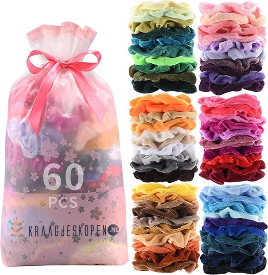 Kraagjeskopen.nl® 60 stuks Scrunchies Velvet - Mega Pack Haaraccessoire Haarelastiek Haarwokkel - 60 Kleuren Scrunchie Set - Verjaardagscadeau - VSCO Girls