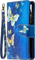 Telefoonhoesje geschikt voor Samsung Galaxy S20 FE (Fan edition) - Portemonnee met rits - book-case hoesje - ruimte voor 9 pasjes - goud blauw vlinders