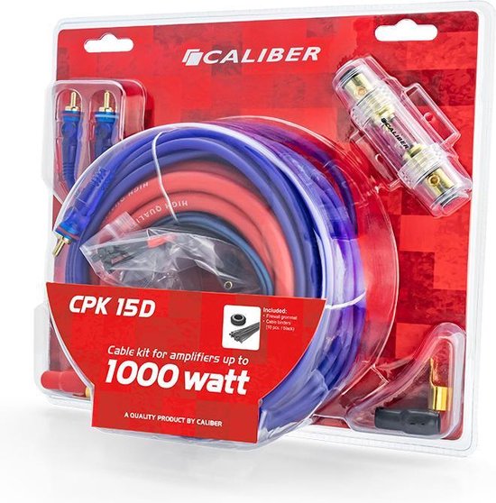 Caliber CPK 15D kabelset voor versterkers tot 1000 watt, met blauwe, rode en zwarte kabels en accessoires in verpakking.