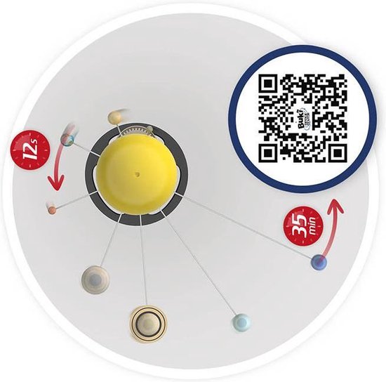 Illustratie van een zonnestelselmodel met tijdaanduidingen en een QR-code.