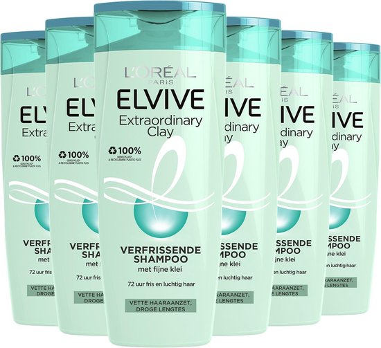 L’Oréal Paris Elvive Extraordinary Clay Shampoo 6 x 250 ml - Normaal Tot Vet Haar - Voordeelverpakking