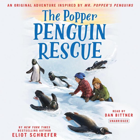 Boekomslag voor 'The Popper Penguin Rescue' met kinderen die helpen bij pinguïns in de sneeuw. "The Popper Penguin Rescue" is bovenaan te lezen.