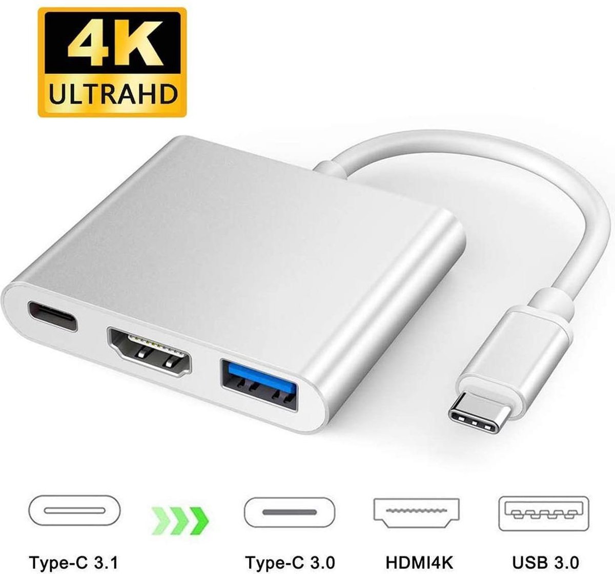 USB-C HUB 3 in 1 | C USB HUB -  Type-C adapter voor Macbook met 4K HDMI, USB 3.0 en USB C - Jumalu