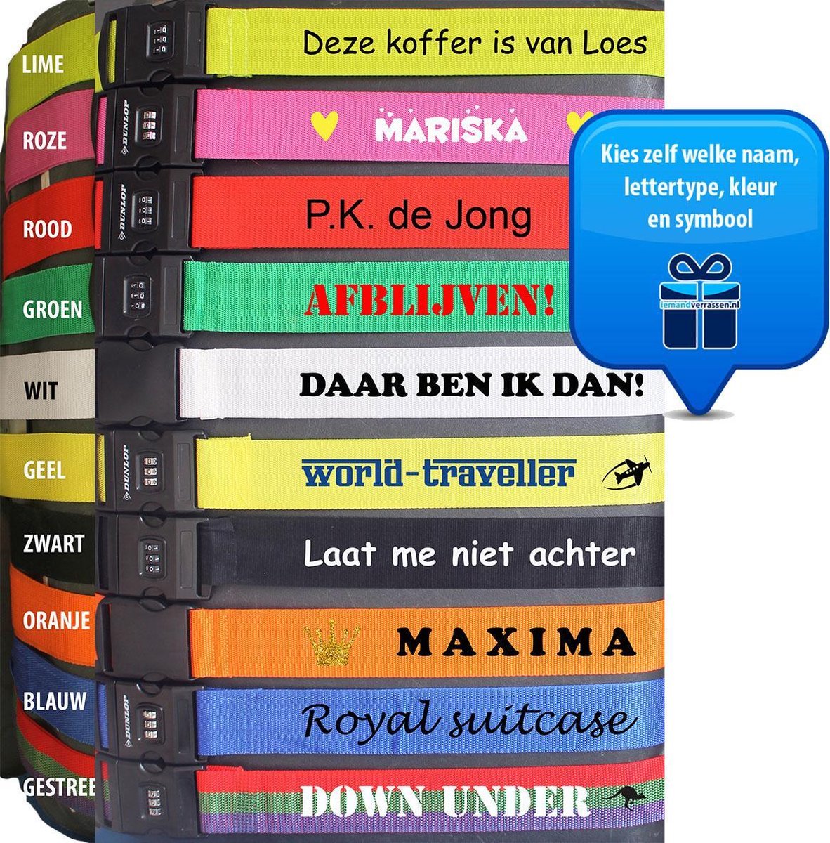 Bol.com Koffer- of bagageriem met (eigen) naam of tekst | met klik- of codeslot | in vele kleuren | snel je koffer terugvinden o... aanbieding