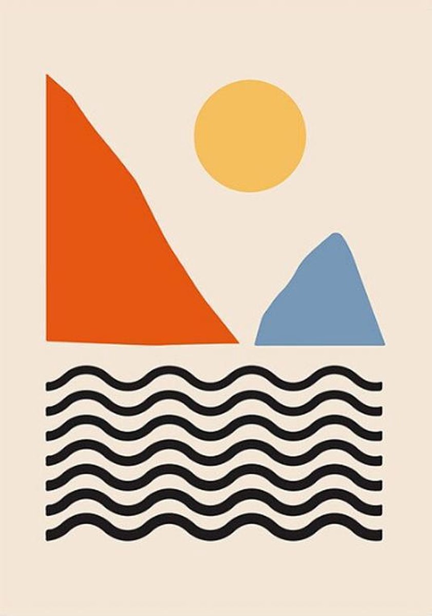 Allernieuwste Canvas Schilderij Zon Zee Bergen Minimaal - Poster - Kunst - 60 x 90 cm - Kleur