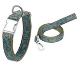 Halsband met riem - Honden halsband met riem - Halsband met riem als set - Riem - Halsband - Olijf groen– S