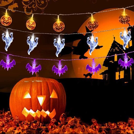 fictie room Pat Halloween weerbestendig gekleurd lichtsnoer pompoen, spook, vleermuis. 3 x  20 LED`s... | bol.com