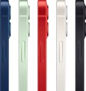 Zijaanzicht van vijf iPhones in het blauw, mintgroen, rood, crème en zwart.