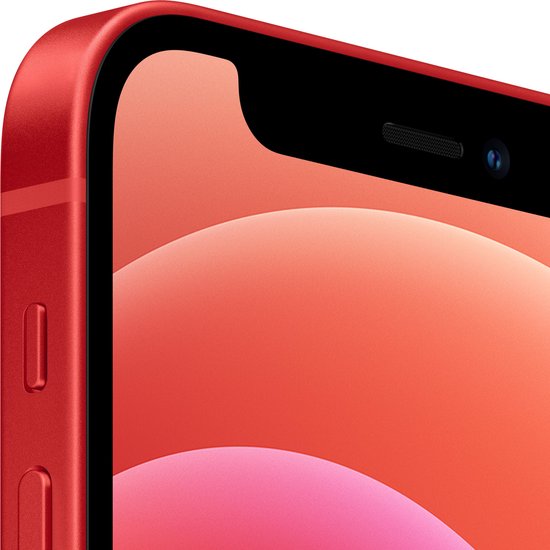 Close-up van de rode iPhone 12 met de inkeping en speaker.