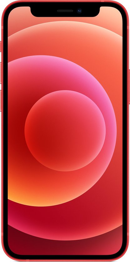 De rode iPhone 12 staat rechtop met een abstracte rode en roze achtergrond.
