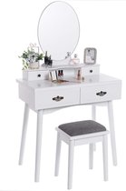 Monkey's Kaptafel – Make up Tafel Voor Vrouwen - Met Kruk - Grijs - Witte Kaptafel Met Ovalen Spiegel - Kaptafels - 87 x 47 x 41 cm