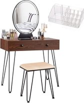 Monkey's Luxe Kaptafel – Make up Tafel Voor Vrouwen - Met Kruk - Walnut Bruin - Beige - Ovalen Spiegel - LED Verlichting - Kaptafels - 80 x 40 x 136 cm