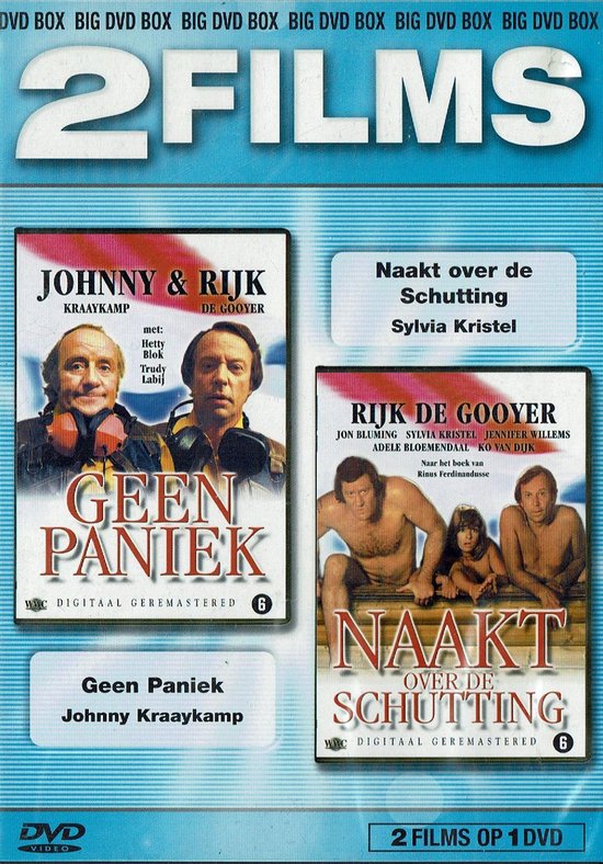 DVD-hoes met de titels 'Geen Paniek' en 'Naakt Over De Schutting', met portretten van Johnny Kraaykamp en Rijk de Gooyer.