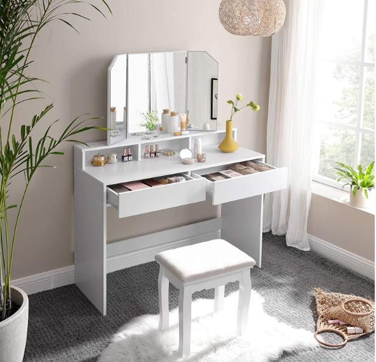 MIRA Home Kaptafel - Make-up tafel - Met spiegel - Modern - Hout - Wit - 100x40x142