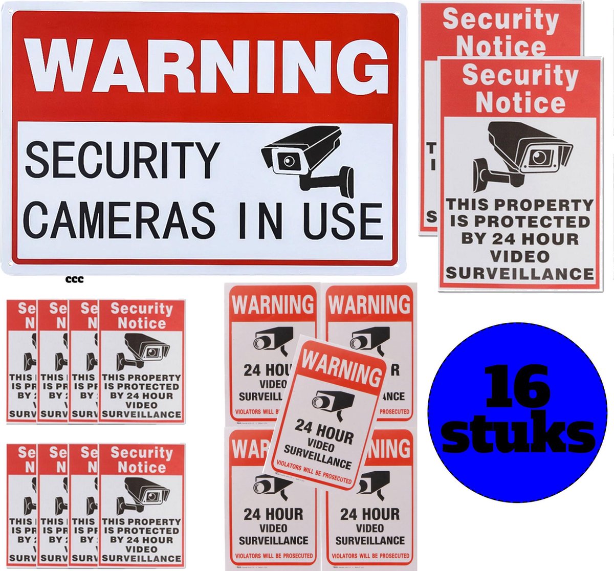 Camera Waarschuwingsbord Bord Metaal + Stickers Camerabewaking Officieel - 16 stuks - Beveiligingsstickers Alarm - triple