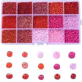 2mm rocailles in handige opbergdoos | Roze en rood tinten | 15 kleuren van 12 gram
