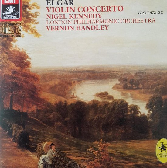 Couverture de CD de musique classique avec une peinture d'un paysage fluvial avec des personnages et les textes 'EMI', 'DIGITAL COMPACT DISC', 'ELGAR VIOLIN CONCERTO', 'NIGEL KENNEDY', 'LONDON PHILHARMONIC ORCHESTRA', 'VERNON HANDLEY'.