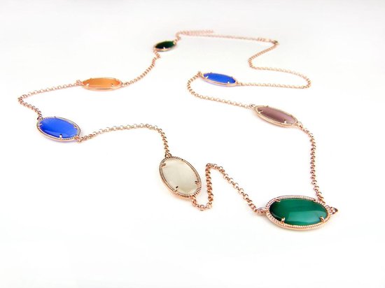 Zilveren halsketting halssnoer collier roos goud verguld Model Oval met gekleurde stenen multicolor