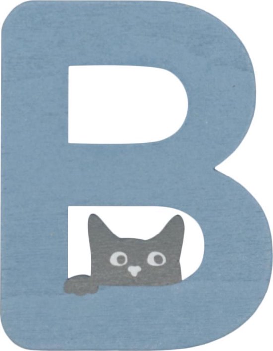 Houten Letter B Blauw met Kat | 9 cm