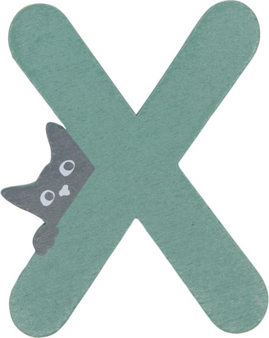 Houten Letter X Groen met Kat | 9 cm
