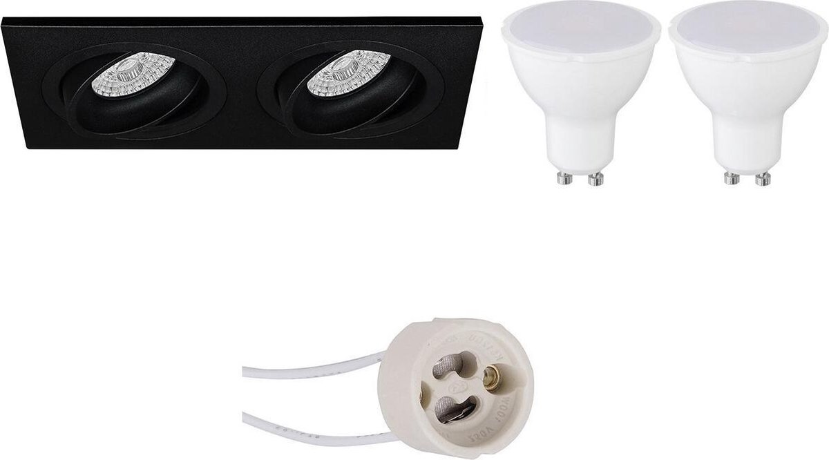 GU10 Inbouwspot Set - Mat Zwart - Inbouw Rechthoek Dubbel - Kantelbaar - Pragmi Borny Pro - 4W - Warm Wit 3000K - 175x92mm