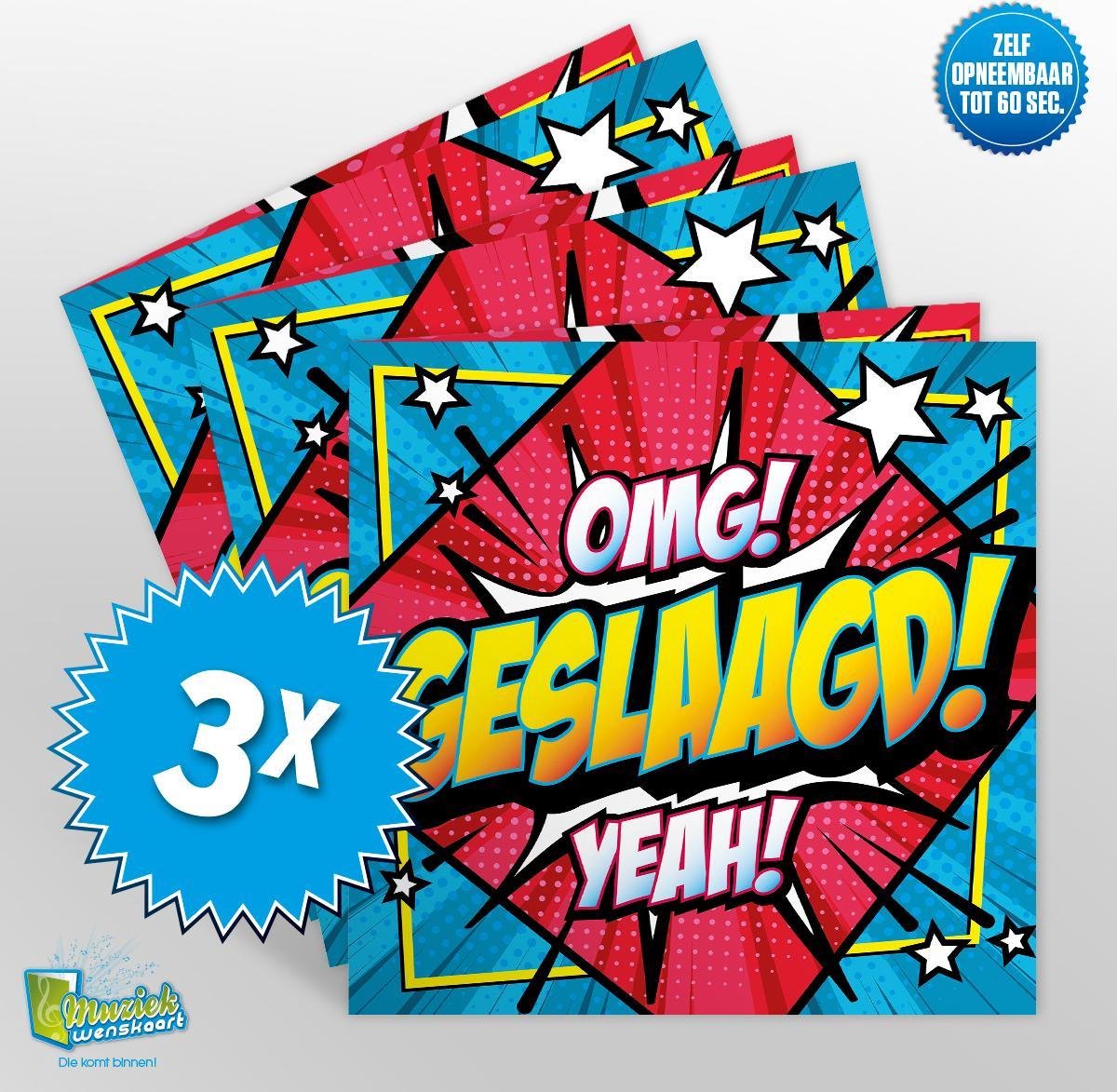 3x Muziekwenskaart - Geslaagd – zelf opneembaar – 60 seconden – 21x21cm – hoge kwaliteit – inclusief envelop