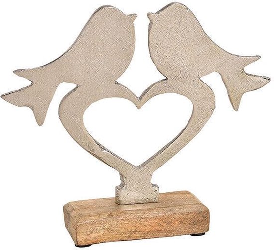 Zilvermetalen hart met twee vogeltjes op mangohouten sokkel