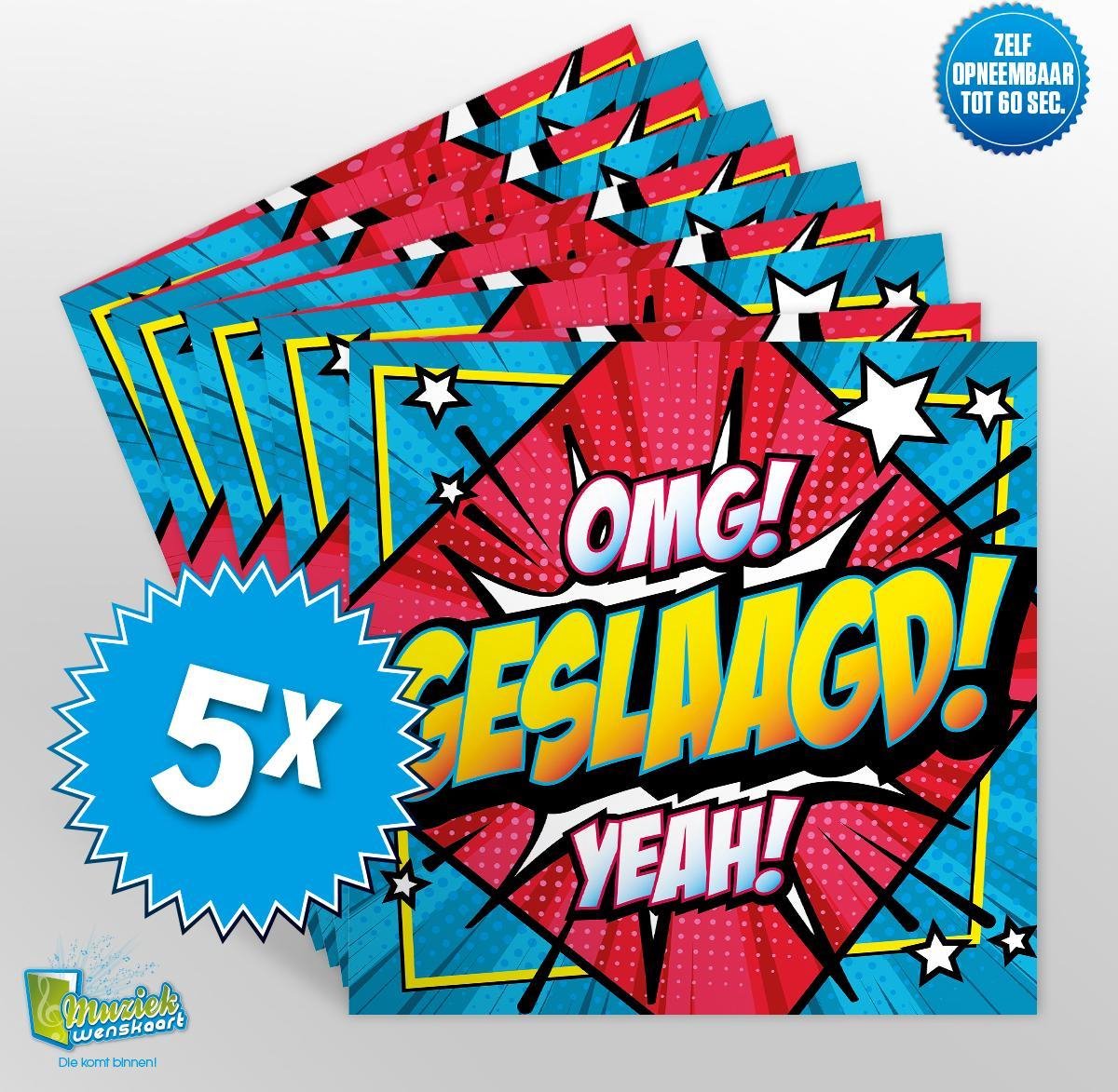 5x Muziekwenskaart - Geslaagd – zelf opneembaar – 60 seconden – 21x21cm – hoge kwaliteit – inclusief envelop