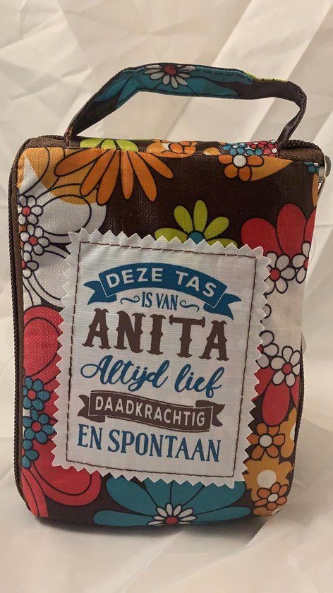 Shopper bag dames met leuke tekst DEZE TAS IS VAN ANITA ALTIJD LIEF DAADKRACHTIG EN SPONTAAN winkeltasje Wordt geleverd in cellofaan met linten