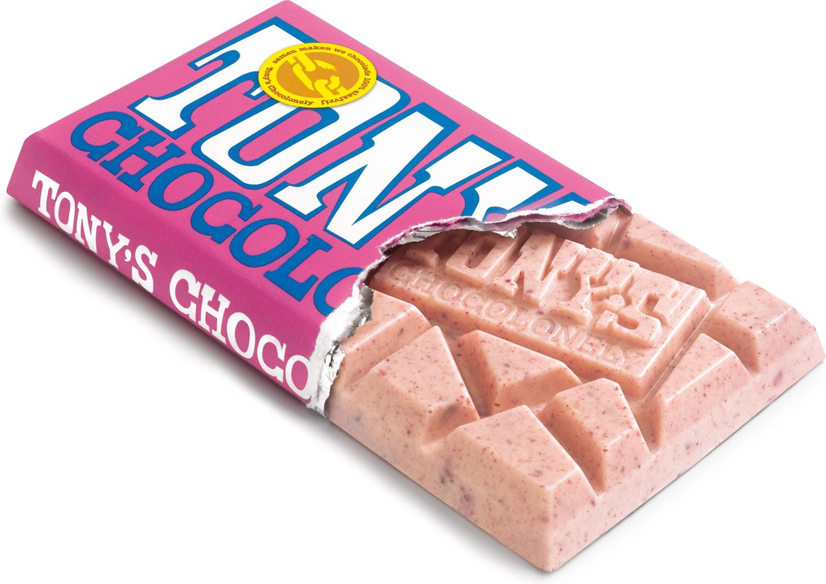Witte Chocolade Reep Framboos Knettersuiker 180 gram Chocola van Tony's Chocolonely — cadeau in Eten & Drinken - foto 2