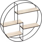 Wandrek rond - ø 55 x 11 cm - Industrieel - Metaal en MDF hout - 4 planken - Zwart metalen rek