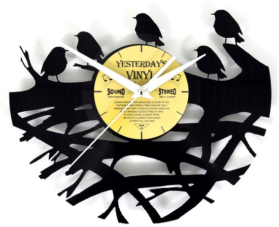 LP klok met vogeltjes - Vinyl wandklok - Met geschenkverpakking