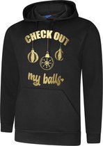 Hooded Sweater - met capuchon - Foute kerst - Kerst trui - Kerst Sweater - Fun Tekst -  kerstballen - Goud bedrukt - Check out my balls - Maat M
