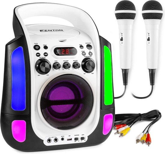 Karaoke Set met 2 Microfoons en LED Lichteffecten - Fenton SBS30W - Karaoke CD+G Speler met Bluetooth