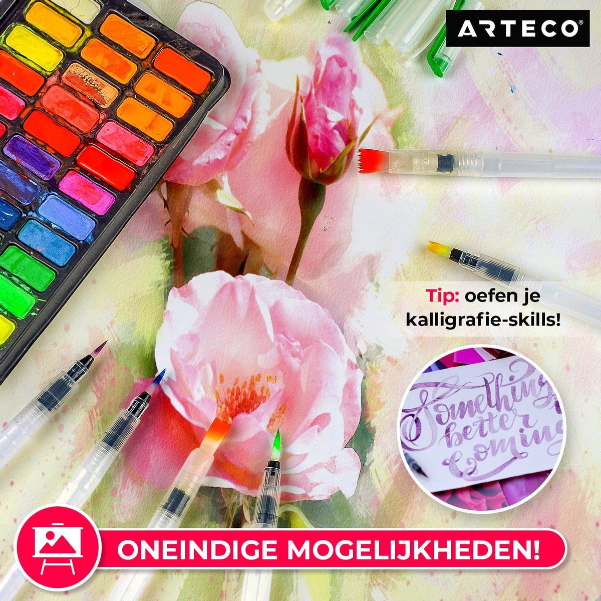 ARTECO® Set 3 Stuks Waterbrush Pennen (2 Punt + 1 Plat) - Navulbaar Penseel – Brushlettering & Kalligrafie — afbeelding 6
