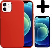 Hoes voor iPhone 12 Hoesje Siliconen Case Met Screenprotector Tempered Glass - Hoes voor iPhone 12 Case Siliconen Hoesje Cover - Hoes voor iPhone 12 Hoes Hoesje - Rood