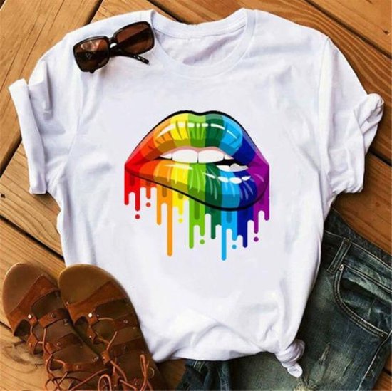 T-shirt mond regenboogkleuren - dames - vrouw - kleding - mode - shirt -  korte mouw -... | bol.com