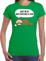 Luiaard Kerst shirt / Kerst t-shirt Wake me up when christmas is over groen voor dames - Kerstkleding / Christmas outfit L