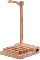 DrPhone Q01 – Oplaadstation – 3 USB poorten – Houten Bamboe Laadstation - Koptelefoon Houder - Standhouder - Dock - Universeel - Bamboe hout