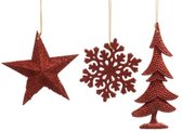 Boomdecoratie Hanger Plastic Glitter 3Ass Snowflake - Star - Tree Kerst Rood