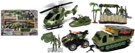 Leger speelgoed set met helikopter, tank, jeep, raketlanceerder, soldaatjes en fort.