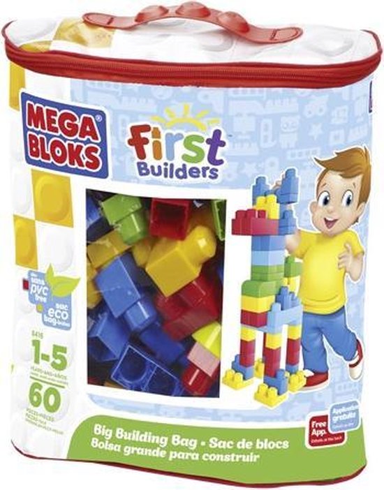 Mega Bloks First Builders 60 Maxi Blokken Met Tas Blauw - Contructiespeelgoed