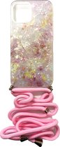 iPhone 12 hoesje met koord case marmer roze wit