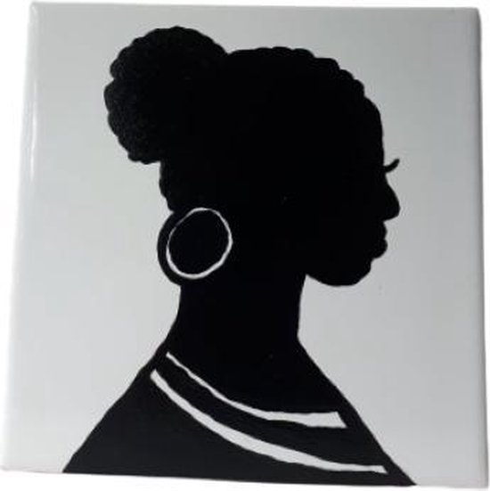 Jacqui's Arts & Designs - African design - handbeschilderd tegel - keramische tegel - zwart/wit - silhouet - Afro kapsel - hoog kapsel -Afrikaanse vrouw