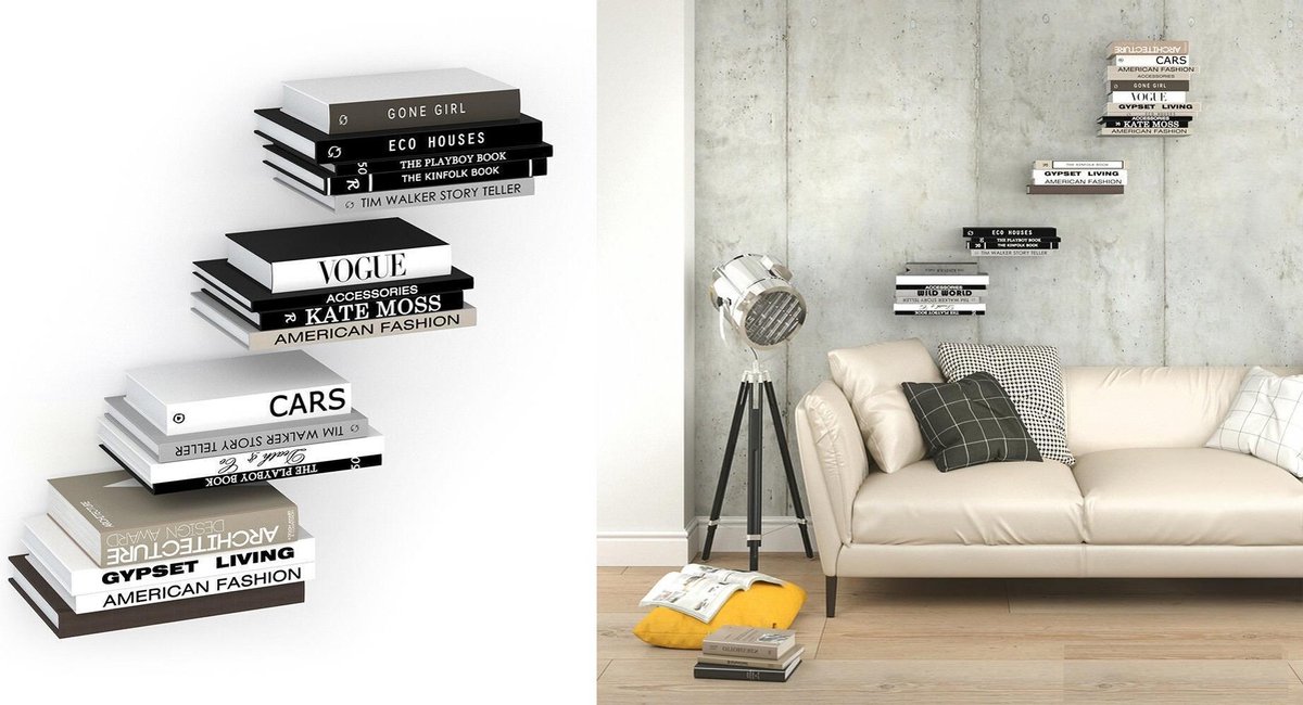 Set van 4 zwevende boekenplanken, onzichtbare boekenkast