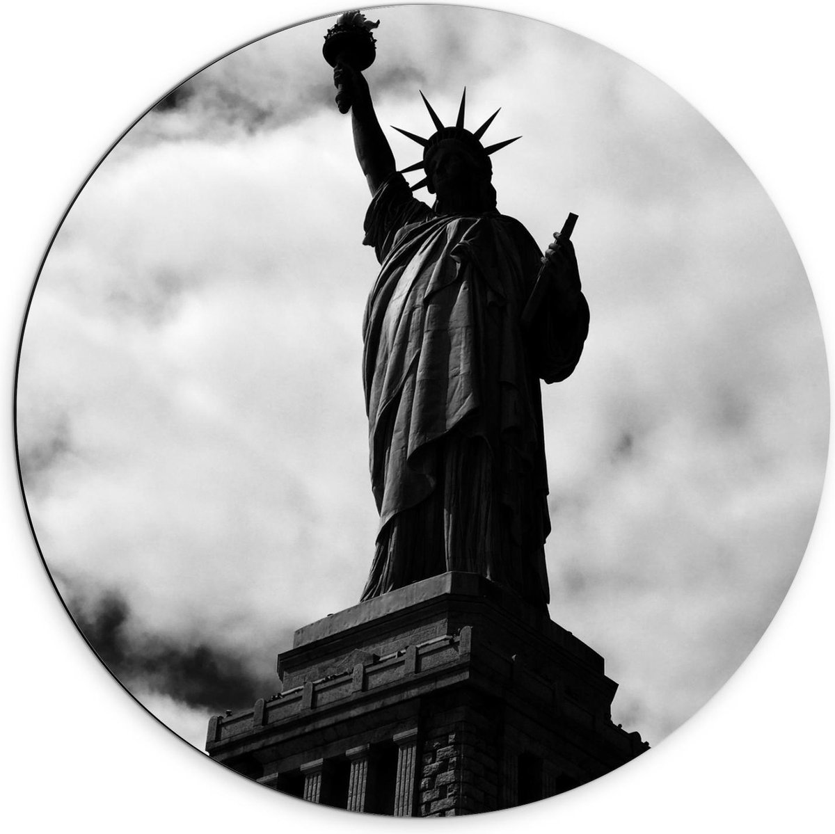 Dibond Wandcirkel - Vrijheidsbeeld in Zwart Wit  - 70x70cm Foto op Aluminium Wandcirkel (met ophangsysteem) op Prijzenvolger.com