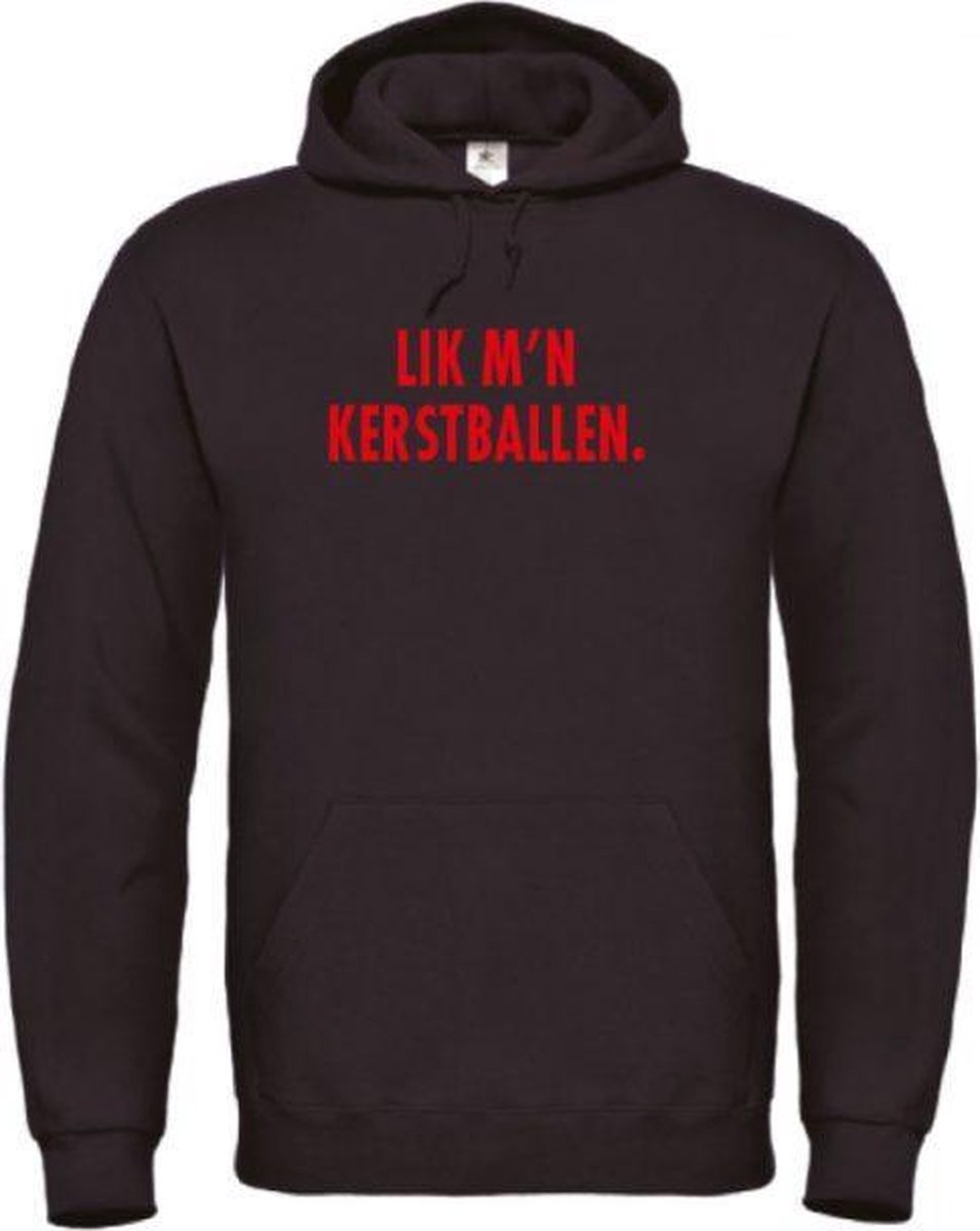 Foute kersttrui hoodie zwart L - Lik m'n kerstballen - Rood glitter - soBAD. | Kersttrui soBAD. | kerstsweaters volwassenen | kerst hoodie volwassenen | Kerst outfit | Foute kerst truien