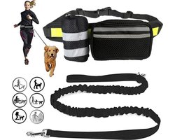 Looplijn Met Heupriem Hands Free - Hondenriem - Reflecterende Hardloopband -Elastische Leiband - Heuptas en Flessenhouder -Zwart 150 cm tot 210 cm