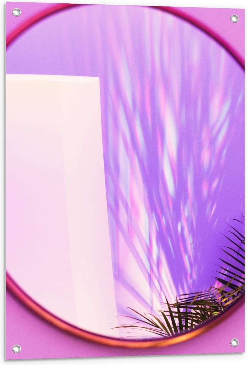 Tuinposter – Roze Spiegel met Grassen - 60x90cm Foto op Tuinposter (wanddecoratie voor bui